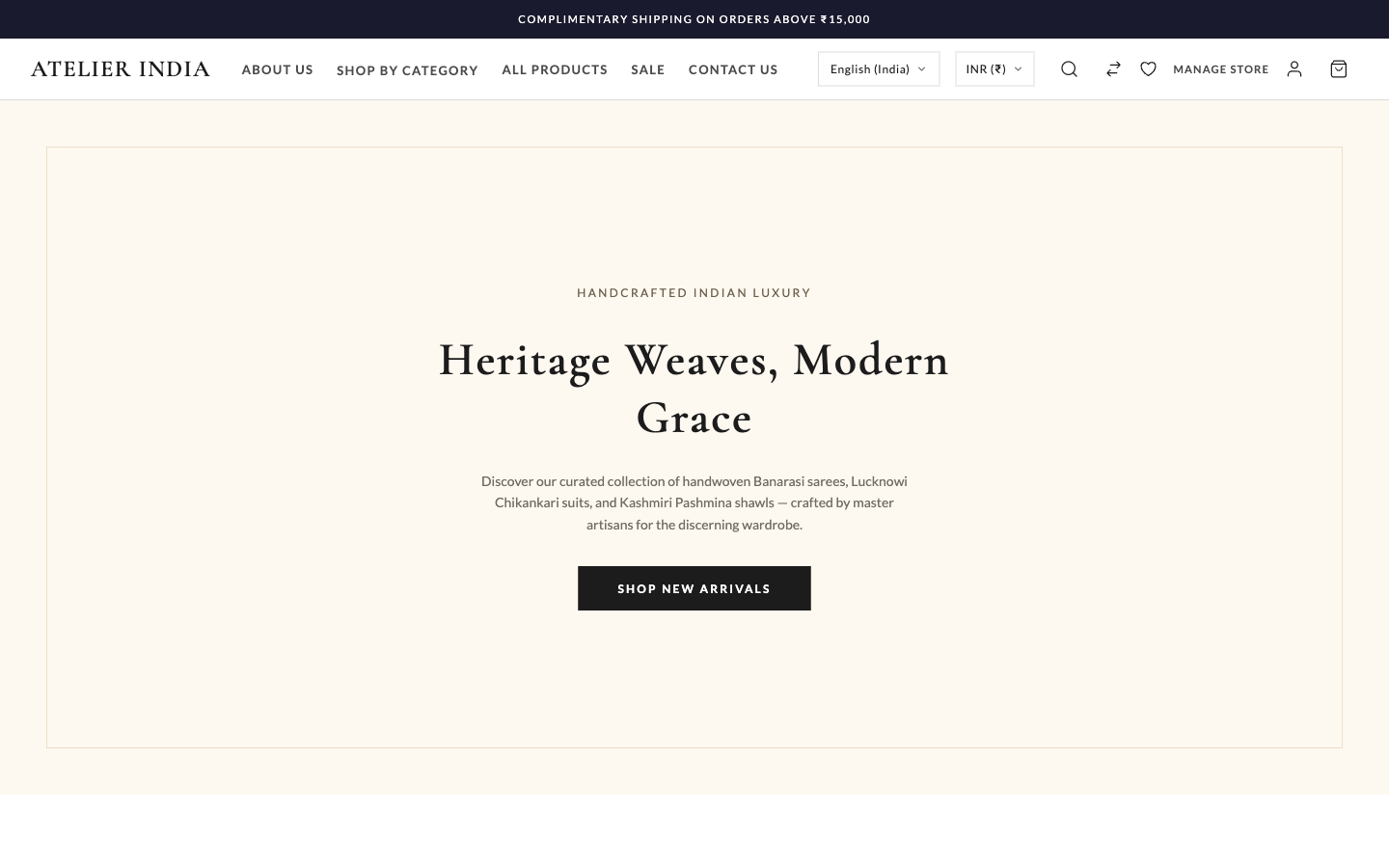 Screenshot of a live Hatti storefront — Atelier India, handwoven Indian luxury